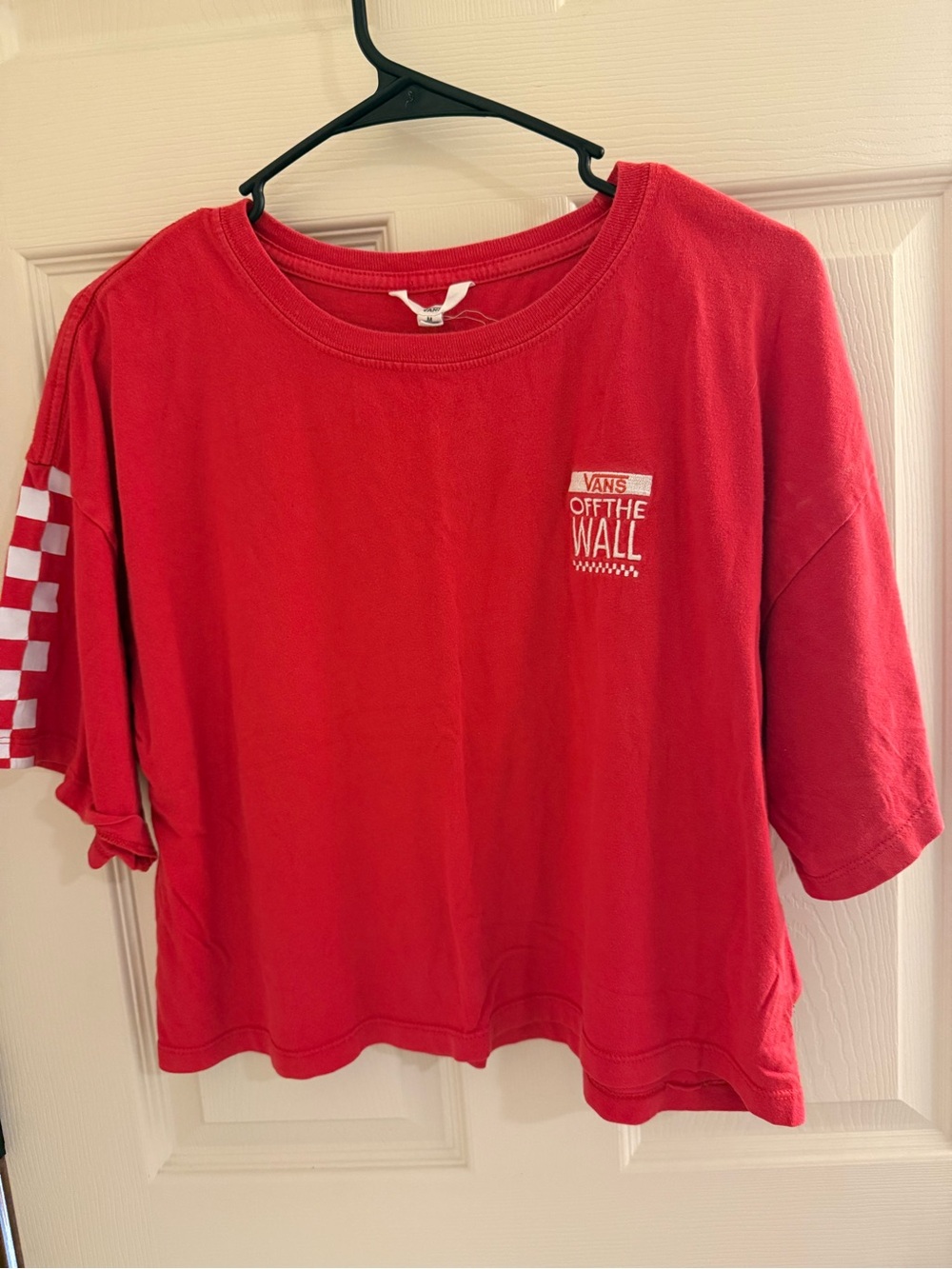 Vans Red 'Off The Wall' Short Sleeve Tee with Checkerboard Sleeve